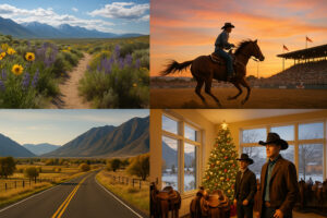 Riders on horseback following cowboy heritage trails Nevada, surrounded by open rangeland and mountain scenery