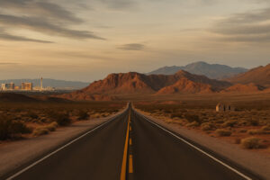 Scenic desert highway winding through red rock landscapes and mountain views during a Southern Nevada road trip.