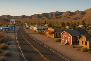 Scenic desert highway winding through red rock landscapes and mountain views during a Southern Nevada road trip.