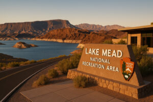 Scenic desert highway winding through red rock landscapes and mountain views during a Southern Nevada road trip.