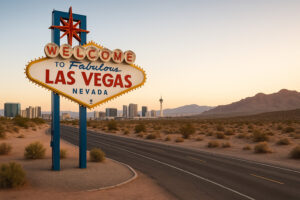 Scenic desert highway winding through red rock landscapes and mountain views during a Southern Nevada road trip.
