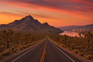 Scenic desert highway winding through red rock landscapes and mountain views during a Southern Nevada road trip.