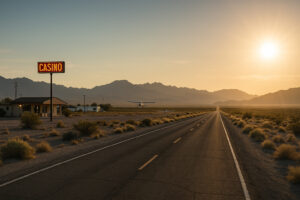 Scenic desert highway winding through red rock landscapes and mountain views during a Southern Nevada road trip.