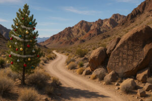 Scenic desert highway winding through red rock landscapes and mountain views during a Southern Nevada road trip.