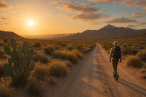 Scenic desert highway winding through red rock landscapes and mountain views during a Southern Nevada road trip.
