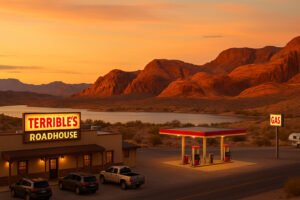 Scenic desert highway winding through red rock landscapes and mountain views during a Southern Nevada road trip.