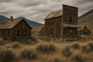 Abandoned wooden buildings and desert landscape representing White Pine County ghost towns in Nevada&rsquo;s historic mining region.