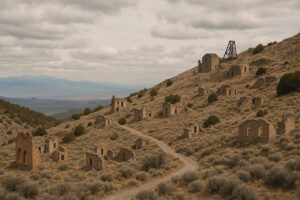 Abandoned wooden buildings and desert landscape representing White Pine County ghost towns in Nevada&rsquo;s historic mining region.