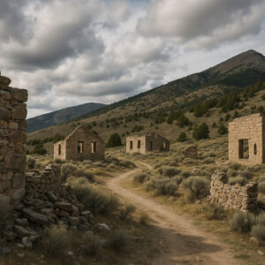 Abandoned wooden buildings and desert landscape representing White Pine County ghost towns in Nevada&rsquo;s historic mining region.