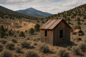 Abandoned wooden buildings and desert landscape representing White Pine County ghost towns in Nevada&rsquo;s historic mining region.