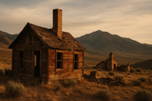 Abandoned wooden buildings and desert landscape representing White Pine County ghost towns in Nevada&rsquo;s historic mining region.