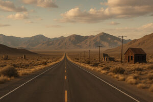 Open desert highway and mountain vistas capturing the beauty of historic drives between Reno and Las Vegas along Nevada&rsquo;s scenic routes