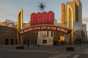 Open desert highway and mountain vistas capturing the beauty of historic drives between Reno and Las Vegas along Nevada&rsquo;s scenic routes