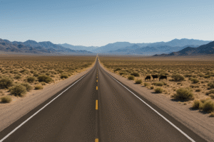 Open desert highway and mountain vistas capturing the beauty of historic drives between Reno and Las Vegas along Nevada&rsquo;s scenic routes.