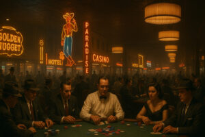 Neon lights and classic signs from vintage casinos Las Vegas history, showcasing the golden era of the Strip in the mid-20th century.