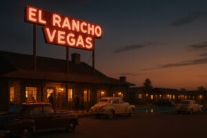 Neon lights and classic signs from vintage casinos Las Vegas history, showcasing the golden era of the Strip in the mid-20th century.