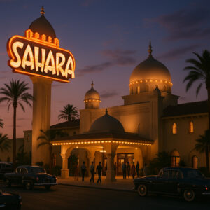 Neon lights and classic signs from vintage casinos Las Vegas history, showcasing the golden era of the Strip in the mid-20th century.