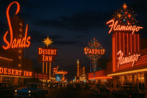 Neon lights and classic signs from vintage casinos Las Vegas history, showcasing the golden era of the Strip in the mid-20th century.