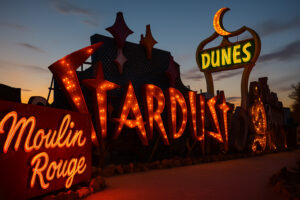 Neon lights and classic signs from vintage casinos Las Vegas history, showcasing the golden era of the Strip in the mid-20th century.