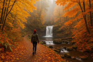 Scenic forest path with sunlight filtering through tall evergreens along hiking trails near Port Ludlow, Washington