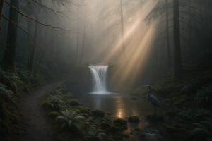 Scenic forest path with sunlight filtering through tall evergreens along hiking trails near Port Ludlow, Washington