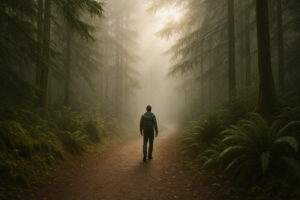 Scenic forest path with sunlight filtering through tall evergreens along hiking trails near Port Ludlow, Washington