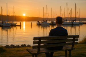 Scenic forest path with sunlight filtering through tall evergreens along hiking trails near Port Ludlow, Washington