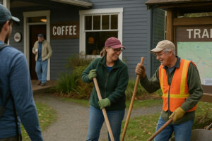 Scenic forest path with sunlight filtering through tall evergreens along hiking trails near Port Ludlow, Washington