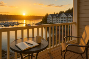 Scenic forest path with sunlight filtering through tall evergreens along hiking trails near Port Ludlow, Washington