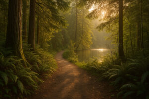 Scenic forest path with sunlight filtering through tall evergreens along hiking trails near Port Ludlow, Washington