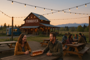 Scenic forest path with sunlight filtering through tall evergreens along hiking trails near Port Ludlow, Washington