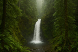 Secluded cascade flowing through mossy rocks and forest greenery, one of the hidden waterfalls near Port Ludlow, Washington.