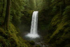 Secluded cascade flowing through mossy rocks and forest greenery, one of the hidden waterfalls near Port Ludlow, Washington.