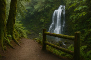 Secluded cascade flowing through mossy rocks and forest greenery, one of the hidden waterfalls near Port Ludlow, Washington.