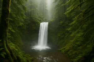Secluded cascade flowing through mossy rocks and forest greenery, one of the hidden waterfalls near Port Ludlow, Washington.