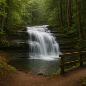 Secluded cascade flowing through mossy rocks and forest greenery, one of the hidden waterfalls near Port Ludlow, Washington.