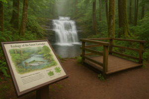 Secluded cascade flowing through mossy rocks and forest greenery, one of the hidden waterfalls near Port Ludlow, Washington.