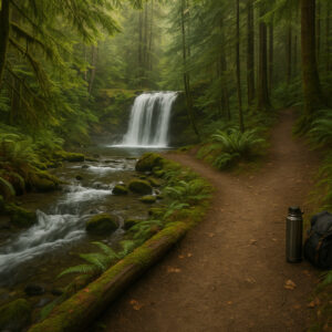 Secluded cascade flowing through mossy rocks and forest greenery, one of the hidden waterfalls near Port Ludlow, Washington.