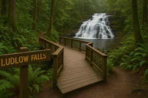 Secluded cascade flowing through mossy rocks and forest greenery, one of the hidden waterfalls near Port Ludlow, Washington.