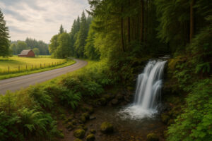 Secluded cascade flowing through mossy rocks and forest greenery, one of the hidden waterfalls near Port Ludlow, Washington.