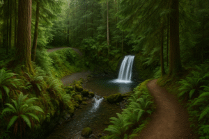 Secluded cascade flowing through mossy rocks and forest greenery, one of the hidden waterfalls near Port Ludlow, Washington.