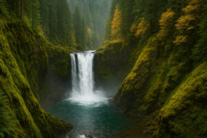 Secluded cascade flowing through mossy rocks and forest greenery, one of the hidden waterfalls near Port Ludlow, Washington.