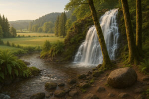 Secluded cascade flowing through mossy rocks and forest greenery, one of the hidden waterfalls near Port Ludlow, Washington.