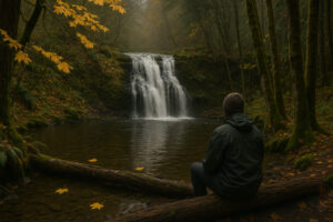 Secluded cascade flowing through mossy rocks and forest greenery, one of the hidden waterfalls near Port Ludlow, Washington.