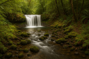 Secluded cascade flowing through mossy rocks and forest greenery, one of the hidden waterfalls near Port Ludlow, Washington.