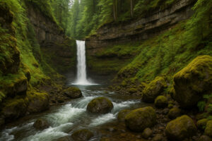 Secluded cascade flowing through mossy rocks and forest greenery, one of the hidden waterfalls near Port Ludlow, Washington.