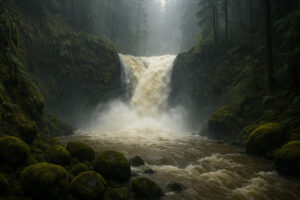 Secluded cascade flowing through mossy rocks and forest greenery, one of the hidden waterfalls near Port Ludlow, Washington.