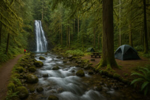Secluded cascade flowing through mossy rocks and forest greenery, one of the hidden waterfalls near Port Ludlow, Washington.