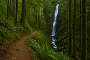 Secluded cascade flowing through mossy rocks and forest greenery, one of the hidden waterfalls near Port Ludlow, Washington.