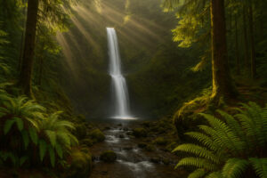 Secluded cascade flowing through mossy rocks and forest greenery, one of the hidden waterfalls near Port Ludlow, Washington.